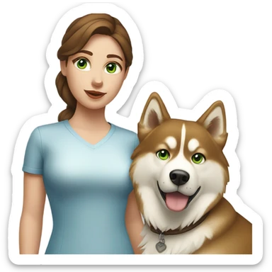 Brown hair  woman with blue eyes with a golden Husky with green eyes sticker
