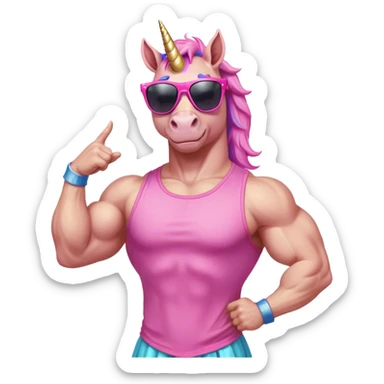 friendly anthropomorphised masculine unicorn with horse-like face, muscular bodybuilder build, in tutu and pink t-shirt, wearing dark sunglasses, standard pose, close-crop head and shoulders portrait sticker