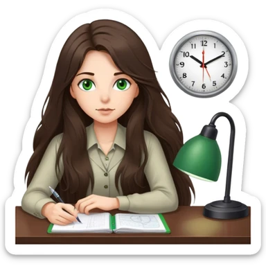 long haired brunette girl with green eyes working at a desk with wall clock at 6pm sticker