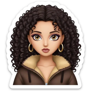 dark curly hair, pretty eyes, pretty makeup, pretty bratz baddie sticker