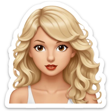 Blonde model with brown eyes, long wavy hair, Taylor Swift concert sticker
