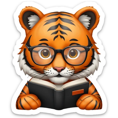 tiger face holding book wearing glasses for Twitch emote sticker