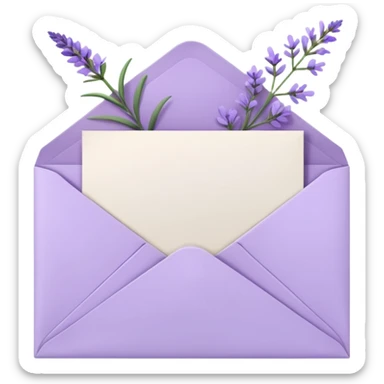 Pastel light whitish purple envelope with some white papers, and lavender flowers laying on top  sticker