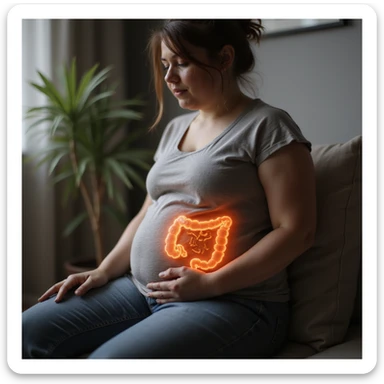 realistic image of a woman sitting with a curved posture, intestinal dysbiosis, visible bloating, intimate atmosphere, realistic details, familiar environment sticker