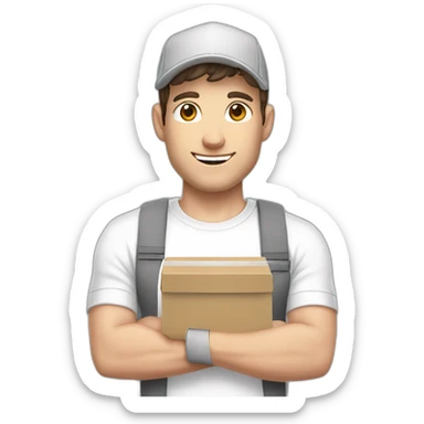 Pale skinned fit Man with dark brown hair in a white cap, gray jeans and gray polo T-shirt keeping a pasted with tape box into his hands sticker