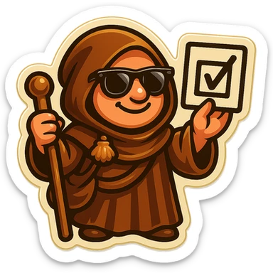 Add sunglasses to the pilgrim wearing a brown cloak in a sticker style with a friendly atmosphere. Keep the background transparent. sticker