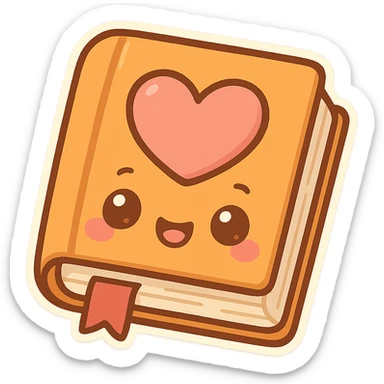 chibi sticker-style book with a big heart, cute and exaggerated sticker