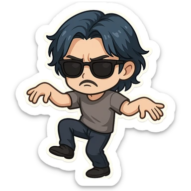 a dark brooding hipster with electric dark blue hair, surfer middle part, chin length hair, black classic rayban shades, plain gray t-shirt, doing the gimmie dance, maniac dance, 1980's dance sticker