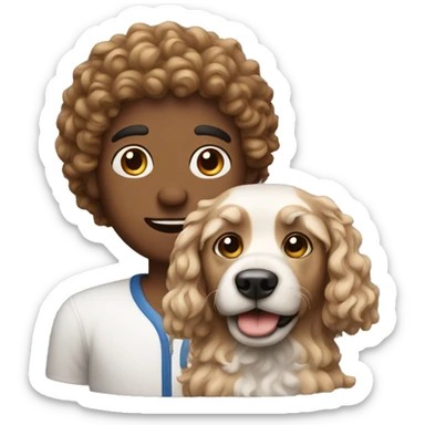 A curly head man with a dog sticker
