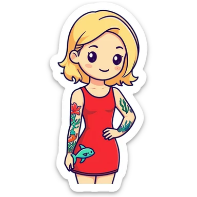 Blonde girl with dark roots wearing a red dress. One arm marine life tattoos sticker