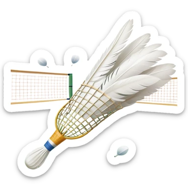 A shuttlecock mid-air above a badminton court, with its feathers spread wide and the background showing a faint outline of a net. The image emphasizes motion and lightness, symbolizing the speed and precision of the sport without players in sight sticker