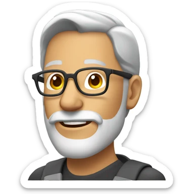 Mature man with tanned skin gray hair and beard and glasses and map sticker