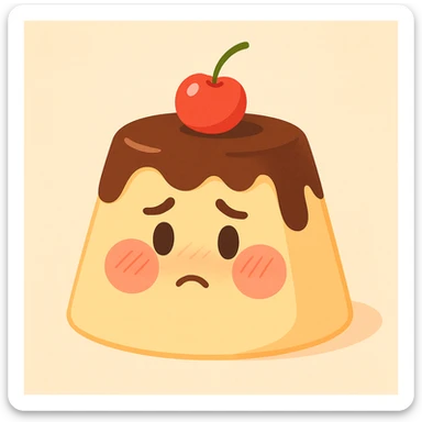 shy pudding with blushing cheeks, cherry on top, creamy soft background, pastel toon style sticker