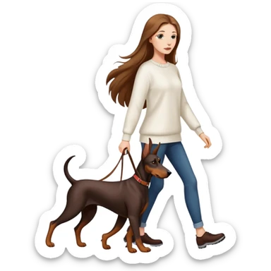 A beautiful long-haired white woman wearing a white sweater walking a Doberman sticker