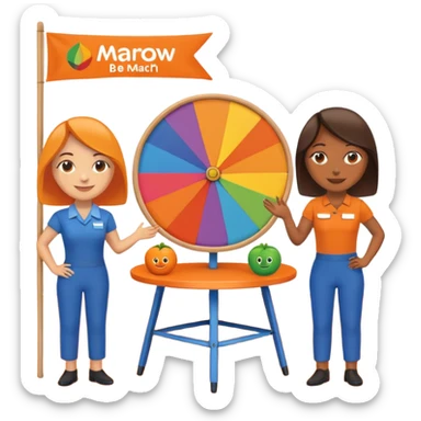 emoji of a recruitment booth. Two cartoon figures stand behind an orange table with 'MARROW, be a match' branding, a colorful spinning wheel, and a branded vertical banner. Simplified and cute sticker