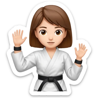 Ragazza castana che pratica karate, ha la cintura nera ed io tradizionale kimono bianco del karate, tira un calcio laterale oppure un pugno oppure è in posizione di guardia sticker
