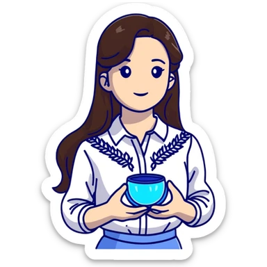 Ukrainian young girl with long brown hair in a white traditional embroidered shirt, cupping a small glowing blue light in her hands representing her soul sticker