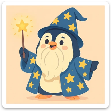 chubby penguin wizard with a long beard, starry robe, and a glowing wand, soft pastel illustration style sticker