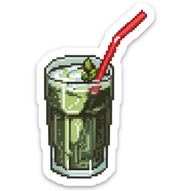 Glass of sugarcane juice with ice cubes, pale green liquid, and a straw sticker