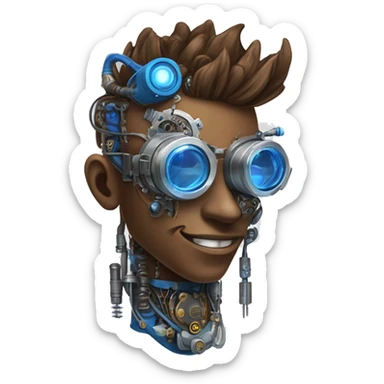 Brown cyborg head with blue Mohawk, blue beard, silver steampunk monocle goggles a smile and circuits sticker