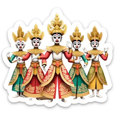 ​Cinematic Realistic Wayang Golek Ayun-ayun Dancers, depicted as intricately carved traditional wooden puppets in dynamic dance poses, adorned with vibrant painted details and expressive features, set against a softly lit stage that evokes centuries of Indonesian cultural heritage, rendered with lifelike textures and dramatic atmospheric lighting, sticker