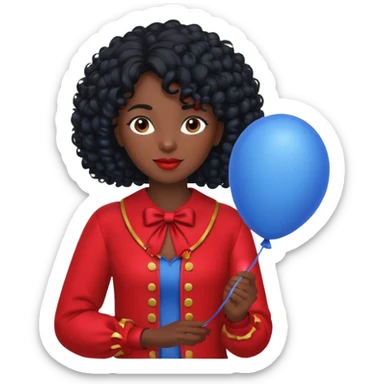 woman with curly black hair and dark face red costume, holding blue balloon sticker