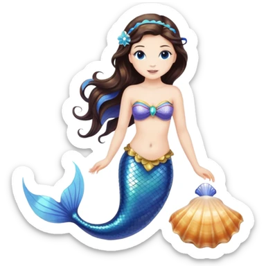 Brunette mermaid with blue tail and mermaid accessories. Holding seashell sticker