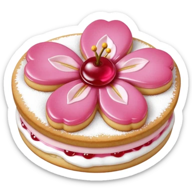 Realistic shortbread cookie in the shape of a cherry blossom with pale pink color jelly middle filling and sprinkled powder sugar on top. sticker