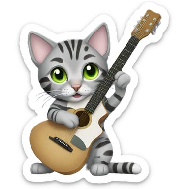 Grey bengal cat with light green eyes playing a guitar sticker