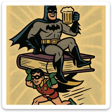 Batman enjoying a beer while sitting on a book, with Robin carrying the book, playful superhero vibe, comic style sticker