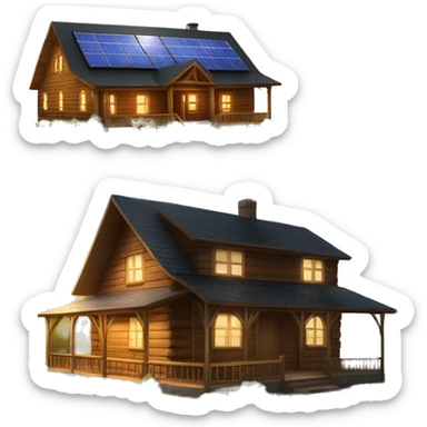 Very big Wood Cabin near tree, 5 stories tall solar, grass fields,porch lights on  sticker