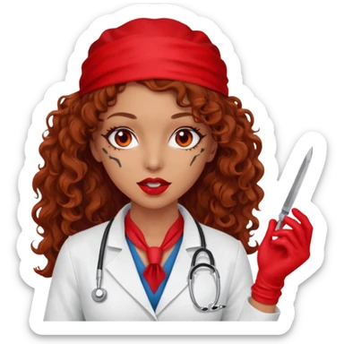 Scary woman scalpel in hand, evil surgeon sexy surgeon clothes.  She has red eyes. Her  brown long curly hair. Wears sexy doctor outfit with red gloves. Only uses red bandanna  to hide her face mouth with red bandana to hide her identity sticker