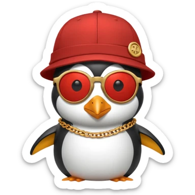 Mike D from Beastie Boys with dark sun glasses and large penguin medallion on gold chain and Red Hat with Mike D printed on hat sticker