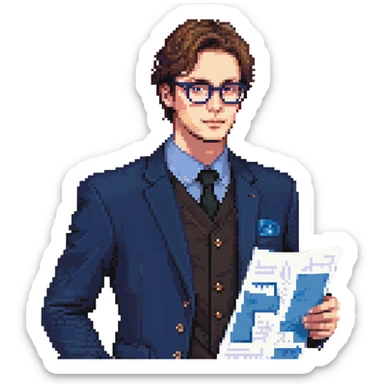Flat pixel art, focused and reserved male architect, American, Caucasian features, short sleek brown hair, wearing glasses, wearing a deep indigo suit jacket over a black shirt, holding a blue print, waist-up, front-facing sticker