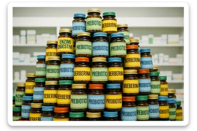 montagna di barattoli di integratori tipo "ENZIMI DIGESTIVI", "PREBIOTICI", "PROBIOTICI", "BERBERINA" con etichette in italiano sticker