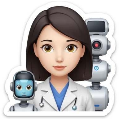 female AI robotics engineer with dark hair, and mobile robot near sticker