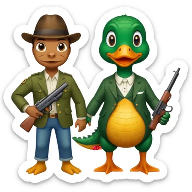 Alligator and a duck holding a gun sticker