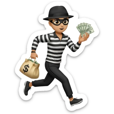 Make a man wear a black pant and he shirt is balck line and white line and wear a black hat and he holding a money bag and he running he wear a black eye thing sticker