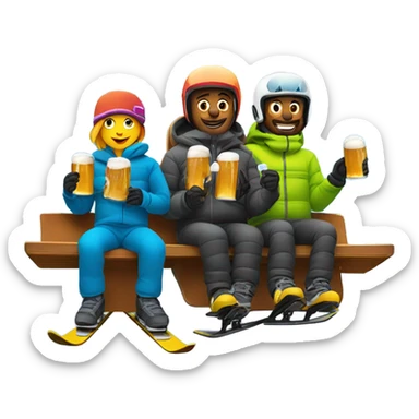 Two skiers and one snowboarder on chairlift with beer  sticker