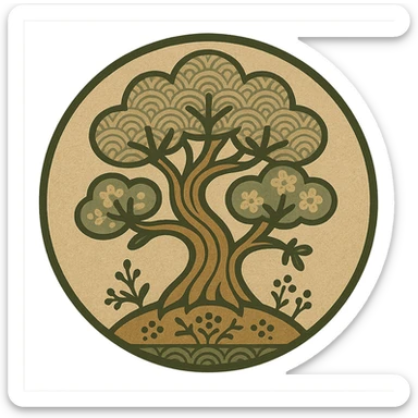 Create a round favicon version of the image showing a tree growing from the ground in Scandinavian folk art style. Maintain classic detail and use a traditional neutral folk art palette. The image should have a transparent background and be suitable for favicon, logo, and emoji usage. sticker