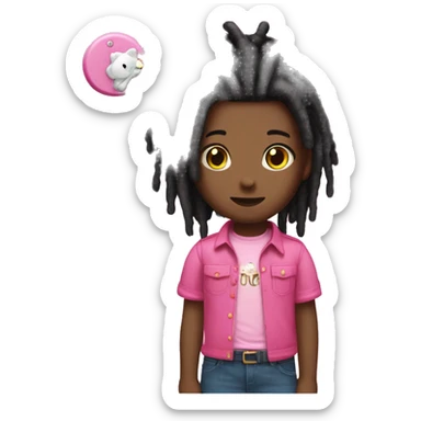 Black, dreads with pink shirt and pink accessories with hello kitty sticker