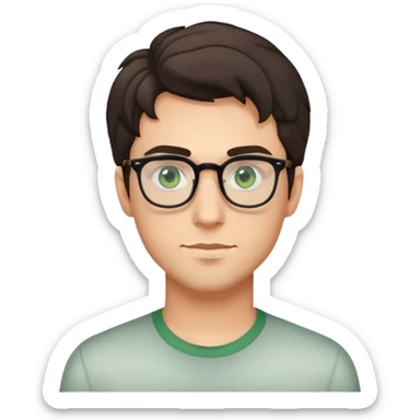 young man with dark slightly curled hair wearing glasses with green eyes and very light stubble, minimal facial hair sticker