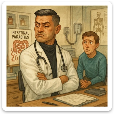 Create a semi-realistic or expressive style image of a male doctor inspired by the reference image, wearing a white coat. The doctor is turning away from a patient chart with intestinal parasites, showing an indifferent or annoyed expression. The patient looks concerned. The background is a doctor's office. The tone is ironic highlighting negligence. sticker