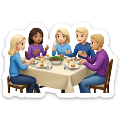 group at dinner table with a girl on sofa talking in a home sticker