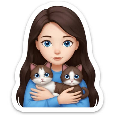 a pretty girl with long dark 
brown hair, with blue eyes, hugs 3 different natural coloured small cats sticker