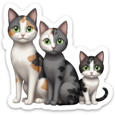 3 different coloured small cats including a dark grey and white, and a patchy calico and a completely solid dark grey with green eyes and only white paws sticker