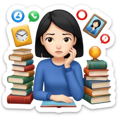 female emoji with black hair, exhausted expression, surrounded by books and activity icons sticker