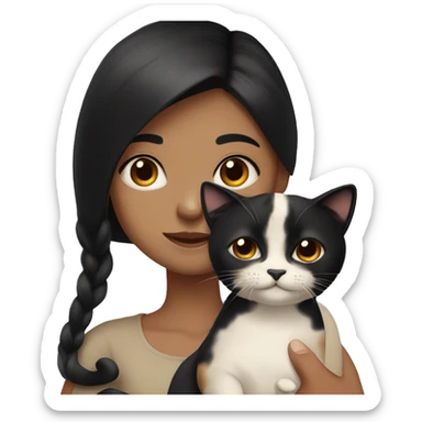 Girl with black hair holding a Siamese and a calico cat. sticker