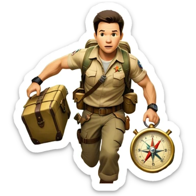 A vintage movie poster-style collage. Include action-packed elements like a treasure map, jungle scenes, a rugged explorer with a compass and a speeding jeep. Add a shadowy figure resembling close-up Mark Wahlberg in adventurous gear. Dramatic lighting, dynamic composition. Transparent background. sticker