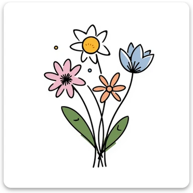 Simple bouquet of spring flowers with different blooms including small daffodils and daisies. Hand-drawn doodle style using pastel colors (pink, light blue, lavender, peach). Cheerful floral arrangement with leaves and stems. Delicate spring bloom design. sticker